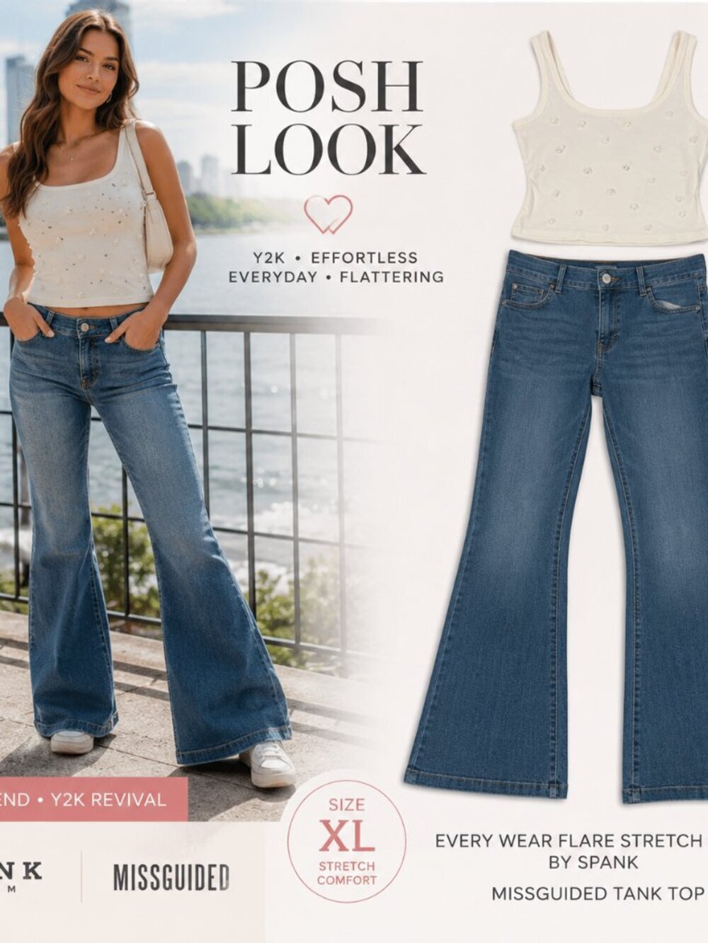 SPANX Denim + Tank, Every Wear Flare Jeans XL + Missguided Crystal Tank XL Y2K